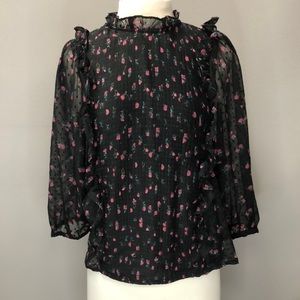 Angie Black Blouse - Romantic Floral Top with Sheer Long Sleeves